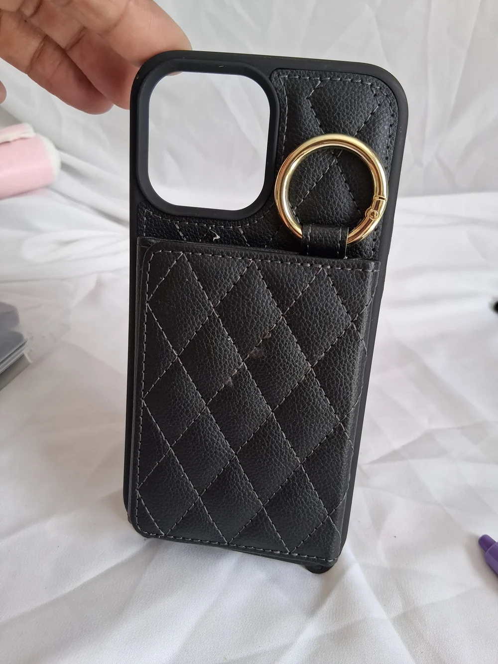 Black Quilted Leather Cardholder Phone Case with Gold Ring